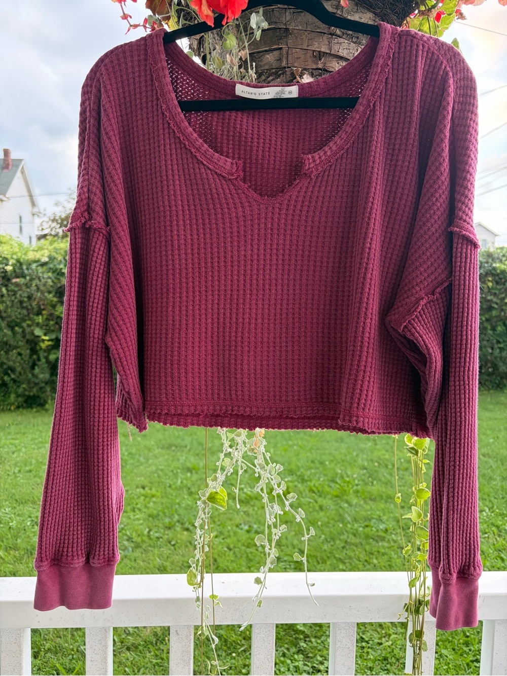 Altar'd State Berry Waffle Knit Cropped Long-Sleeve Top